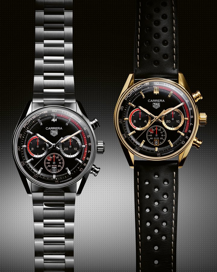 The new, limited-edition TAG Heuer Carrera Chronosprint x Porsche Rallye models are fitted with the TH20-08 calibre whose chronograph module is unique to its partnership with Porsche: by adding two snail-shaped gears, the central seconds hand accelerates over the first 15 seconds of each minute then slows down for the remainder of the sixty seconds. These new models are inspired by the historical Heuer dashboard timers, which played a key role in racing car victories in the Monte-Carlo Rally.