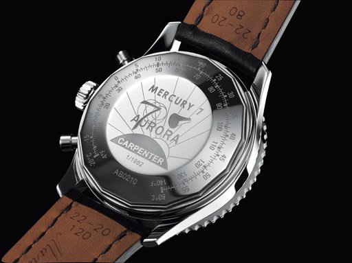 The Aurora 7 mission emblem on the case back of the Breitling Navitimer Cosmonaute 1962