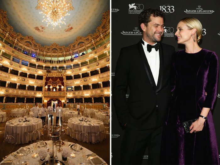 Left: La Fenice Theatre (Venice) - Right: Joshua Jackson & Diane Kruger wearing a Jaeger-LeCoultre Joaillerie 101 Watch