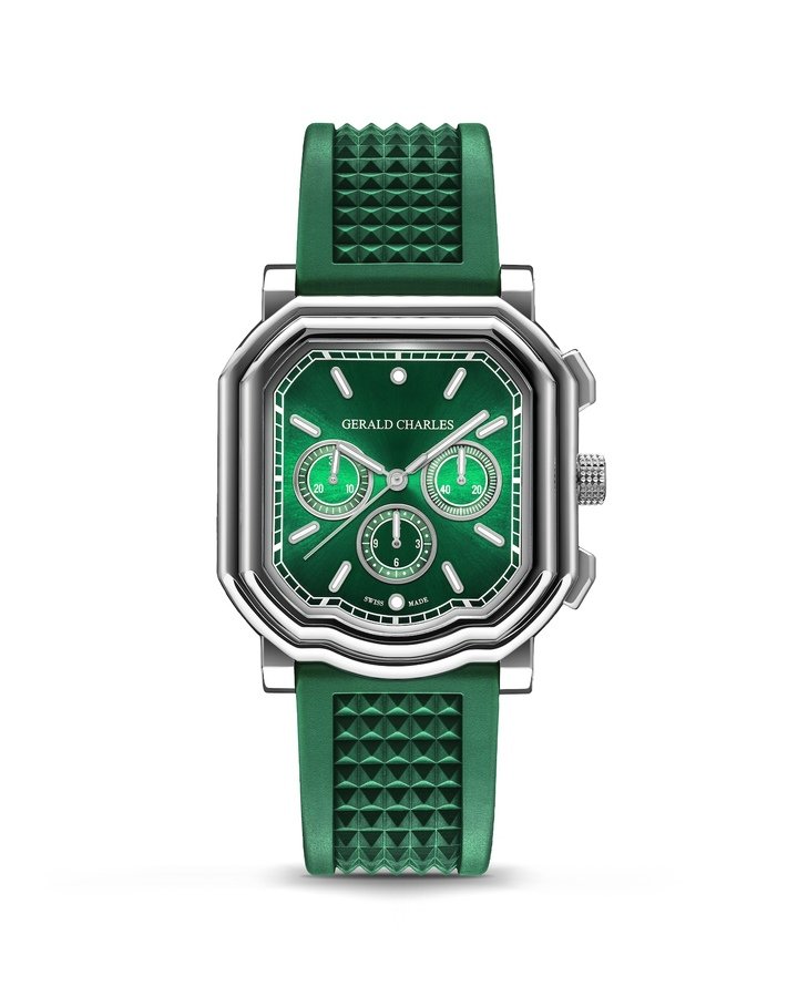 The Maestro 3.0 Chronograph is inspired by an original design by Gérald Charles Genta, as is the rubber strap featuring the Clou de Paris pattern. Steel case, sunburst dial, and vulcanized rubber strap. Automatic chronograph GCA 3022/12, with a thickness of 6.07 mm.