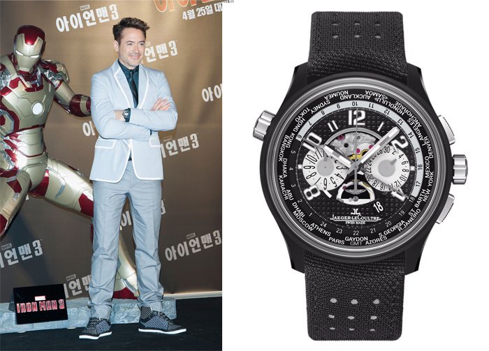 Left Actor Robert Downey Jr. wearing his Jaeger-LeCoultre Chronograph - Right: AMVOX5 World Chronograph Watch by Jaeger-LeCoultre