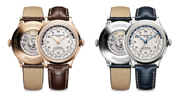 Left: The Capeland Worldtimer in Red Gold (18K), Ref: 10107 - Right: The Capeland Worldtimer in Steel, Ref: 10106 both by Baume & Mercier
