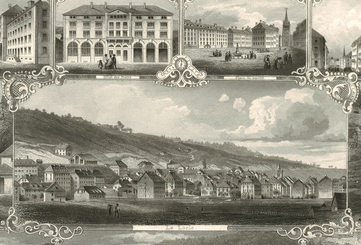 Le Locle had welcomed farmer-watchmakers since the 17th century. Detail from Souvenir du Locle et des Brenets, engraving by Rüdisühli Jakob Lorenz (1835–1918), 1869. Tissot Museum Collection
