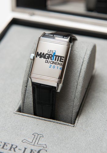 Reverso watch by Jaeger-LeCoulte engraved with the logo of Les Magritte