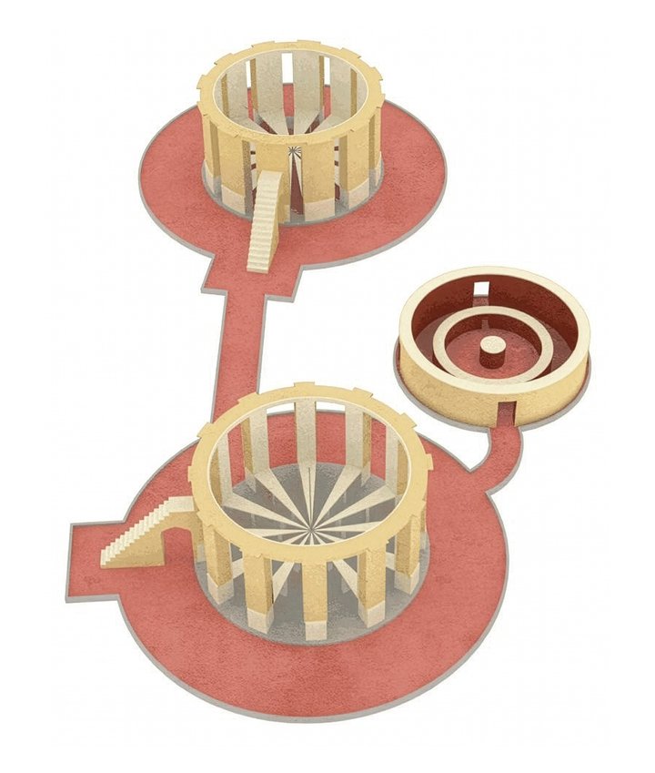 The two cylinders of the Jaipur Rama Yantra and the smaller Digamsa Yantra. The Digamsa Yantra measures the azimuth of a celestial body and comprises two concentric cylindrical walls around a central pillar. The walls are marked in angular divisions of one tenth of a degree.