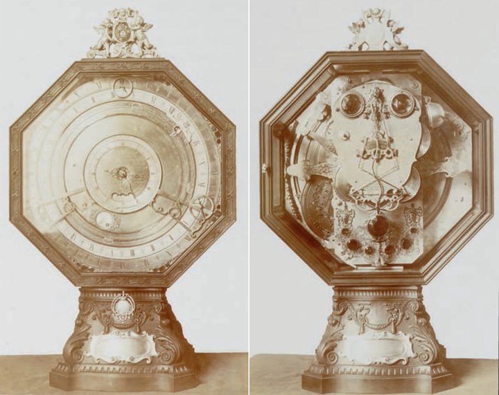 The astronomical clock built by Bernardo Facini in the first half of the 18th century for Dorothea Farnese von Pfalz-Neuburg, the Duchess of Parma and Piacenza, and restored in the early 1980s by Ludwig Oechslin.