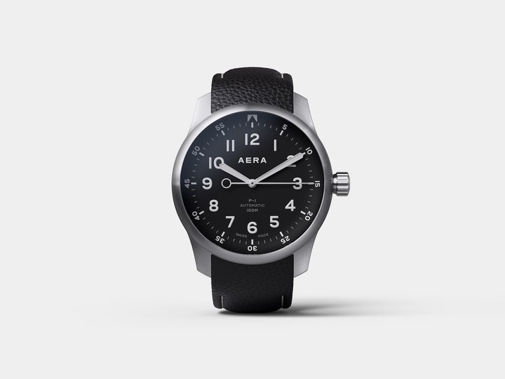 The P-1 Pilot is a modern, minimalist interpretaton of this particular category. Sellita SW200-1 movement, 904L brushed stainless steel case, domed dial, white Arabic numerals highlighted by hand-filled Swiss white Super-LumiNova. Edition of 300 pieces.
