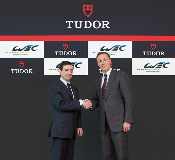 Pierre Fillon, President of Automobile Club de l'Ouest (ACO), left, and Philippe Peverelli, Managing Director of Montres Tudor SA.