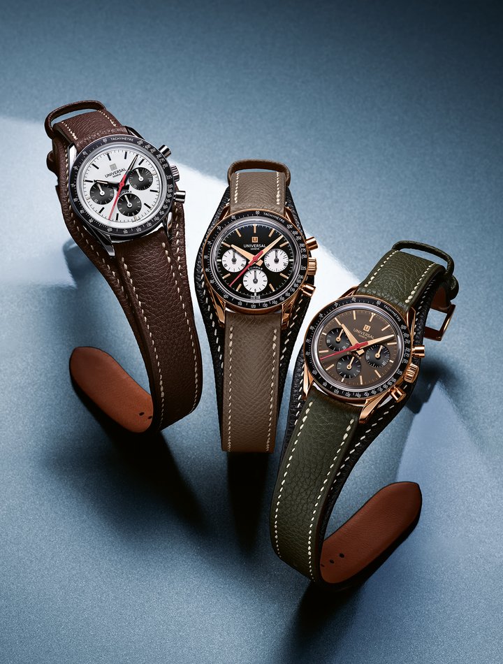 Universal Genève is reviving “the Nina” for the first time in 18k white and red gold, as an ultra-exclusive edition of two series of three Tribute to Compax watches with Grand Feu enamel dials and vintage Calibre 281 movements. This new collection features hand-crafted Bund straps by esteemed Japanese artisan Satoru Hosoi, in his first collaboration with a watch brand.