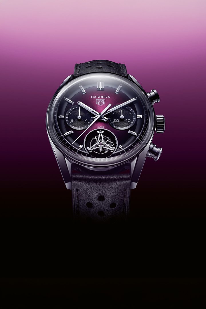 The signature glassbox domed sapphire crystal features on this TAG Heuer Carrera Chronograph Tourbillon, with a fumé dial graduating from black to purple. Available as a limited edition of 200. It is driven by the Heuer 02 (TH20-09) tourbillon movement from TAG Heuer, which delivers a power reserve of 65 hours.
