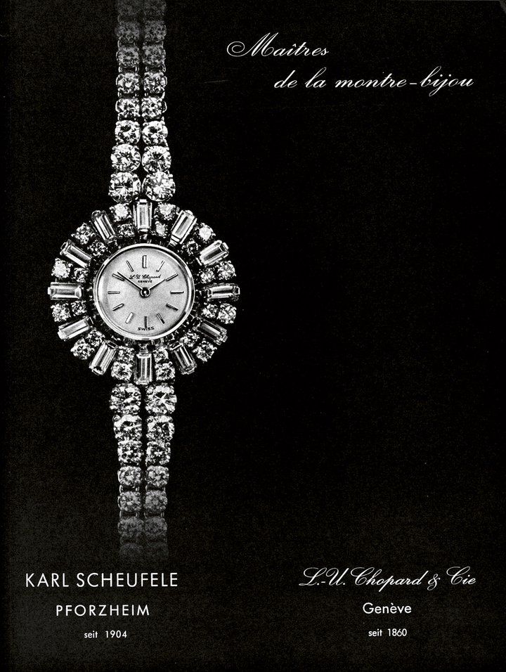 When the Scheufele family moved to Geneva after buying out Chopard in the 1960s, and concentrated on jewellery watches, for a certain time both names were used, as shown in this 1965 archive from the Journal Suisse d'Horlogerie (JSH).