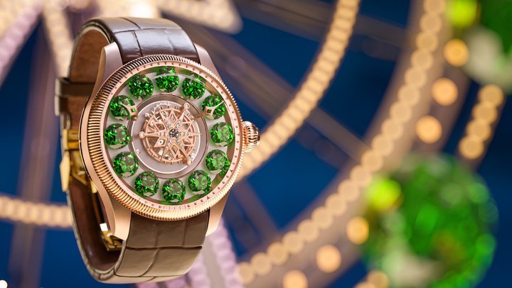 The G-Timeless Planetarium has twelve revolving gemstones instead of hour markers, and a giant tourbillon in the centre of the dial