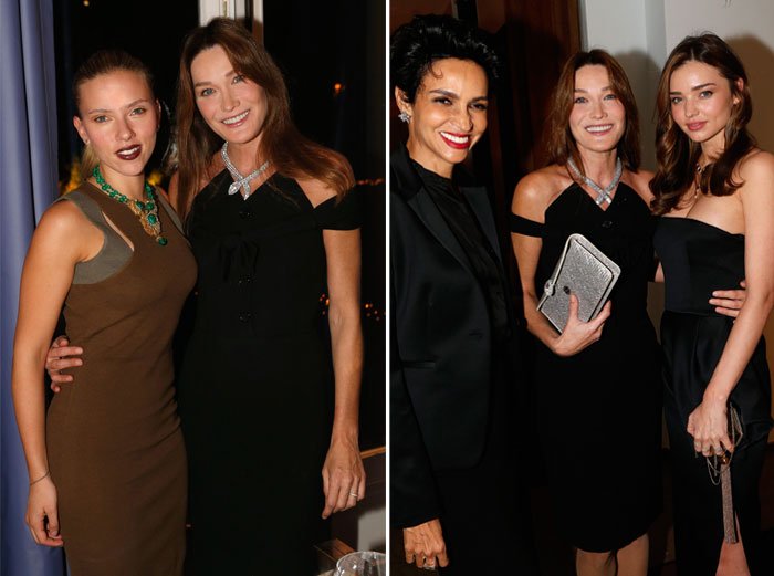 Left: Scarlett Johansson & Carla Bruni - Right: Farida Khelfa, Carla Bruni & Miranda Kerr