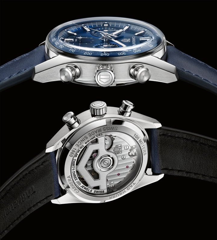 For the 60th anniversary of the Heuer Carrera, the collector favourite ‘glassbox' design inspired the creation of two new 39mm chronographs. The sapphire crystal is shaped liked the domed hesalite crystals found on Heuer Carrera models from the 1970s. They are equipped with the new TH20-00 movement, an evolution of TAG Heuer's in-house automatic chronograph calibre Heuer 02. 