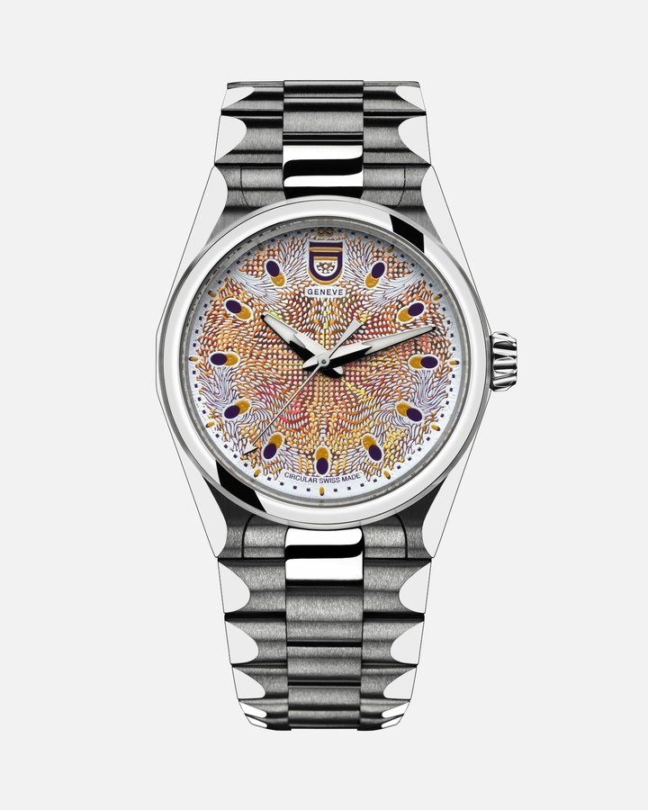 Air, one of the five watches in the Elements collection by ID Genève, inspired by natural beauty. Case and bracelet in recycled steel, recovered from companies in the Jura; refurbished ETA movement; nano-engraved dial by Morphotonix with no polluting inks.